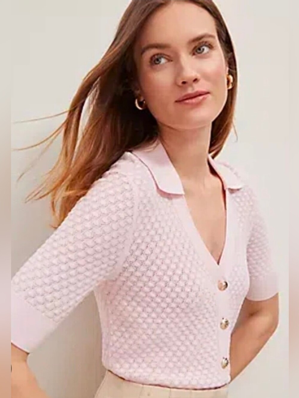 ANN TAYLOR Pointelle Polo Sweater Light Pink Knit Short-Slv Gold Button Size L
